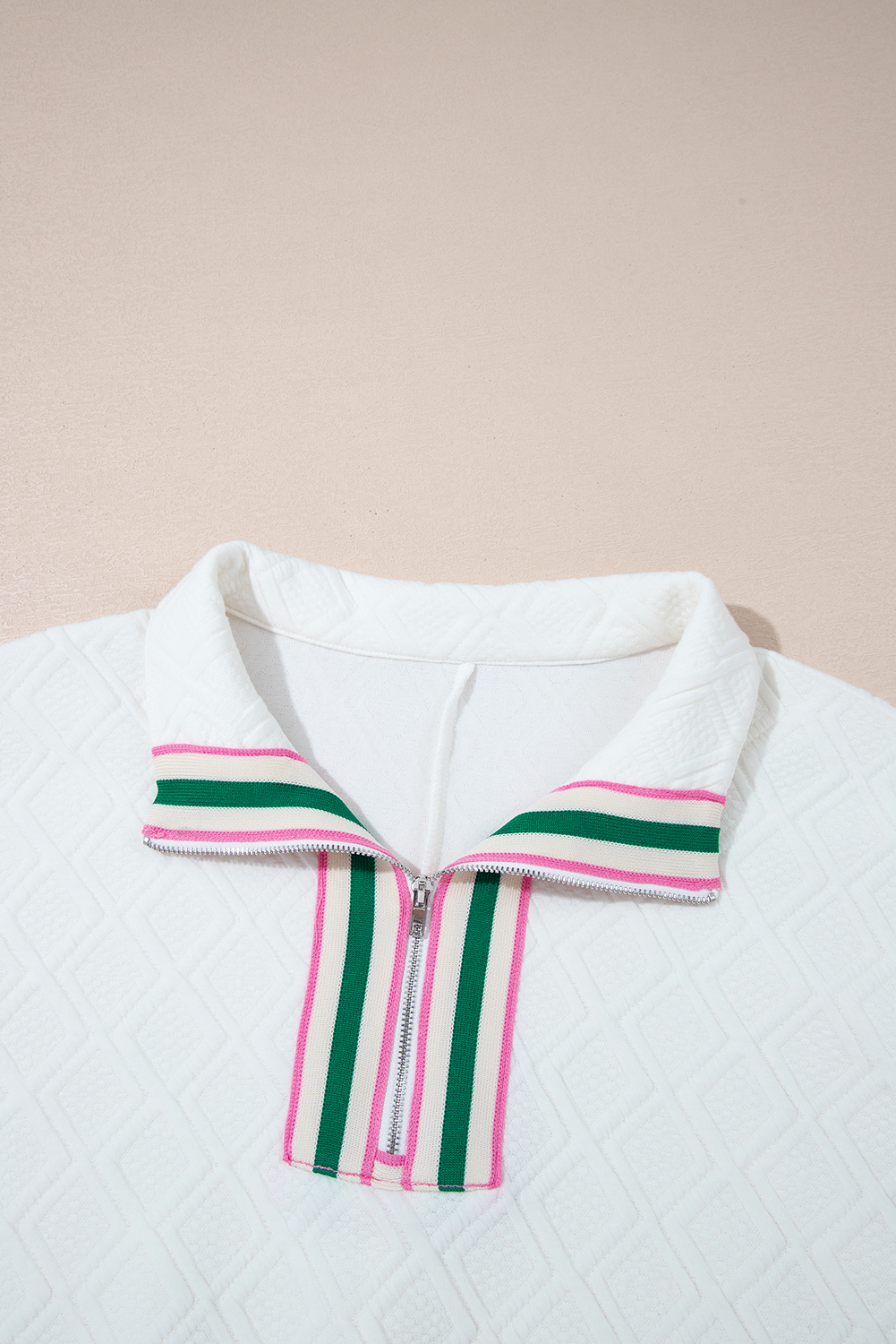 Elegant Women's White Contrast Striped Collar Textured Half Sleeve Blouse - Detail View 9 Elegant Women's White Contrast Striped Collar Textured Half Sleeve Blouse - Detail View 9