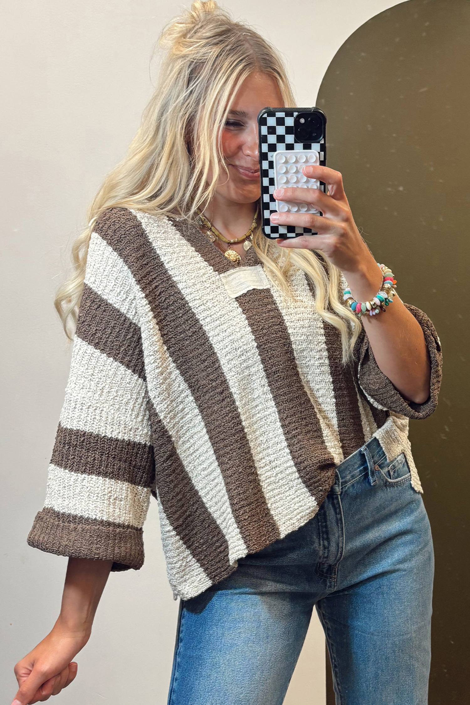 Casual Brown Stripe Colorblock Sweater for Women – V Neck Design with Bracelet Sleeves - Detail View 5 Casual Brown Stripe Colorblock Sweater for Women – V Neck Design with Bracelet Sleeves - Detail View 5