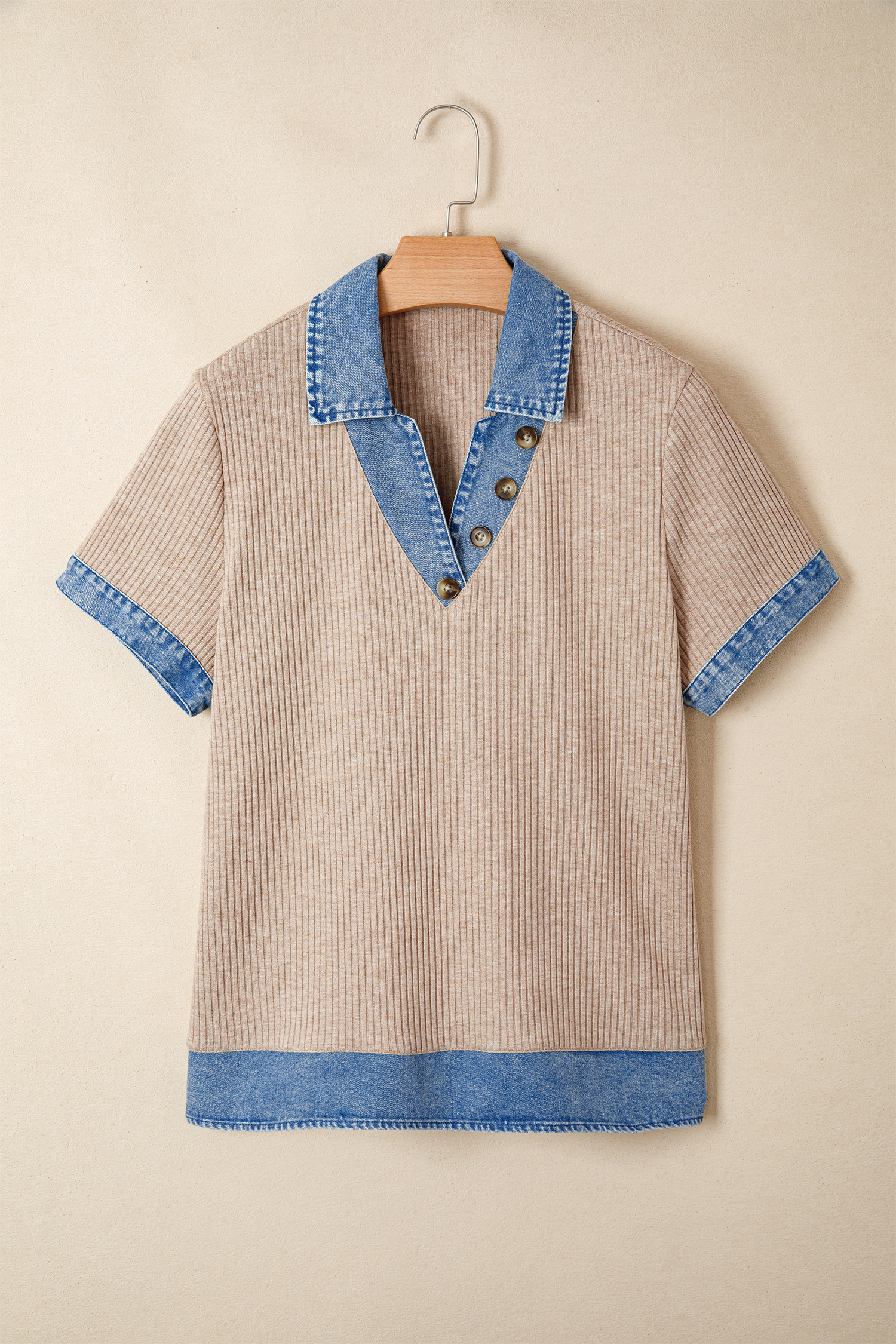 Chic Beige Color Block Patchwork Top for Women – Ribbed Knit Denim V-Neck Blouse, Versatile Summer Gift - Detail View 3 Chic Beige Color Block Patchwork Top for Women – Ribbed Knit Denim V-Neck Blouse, Versatile Summer Gift - Detail View 3