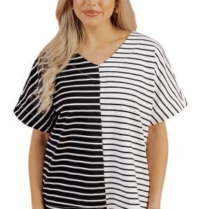 Women's Colorblock V Neck Tee, Casual Short Sleeve Stripe Top - Main View