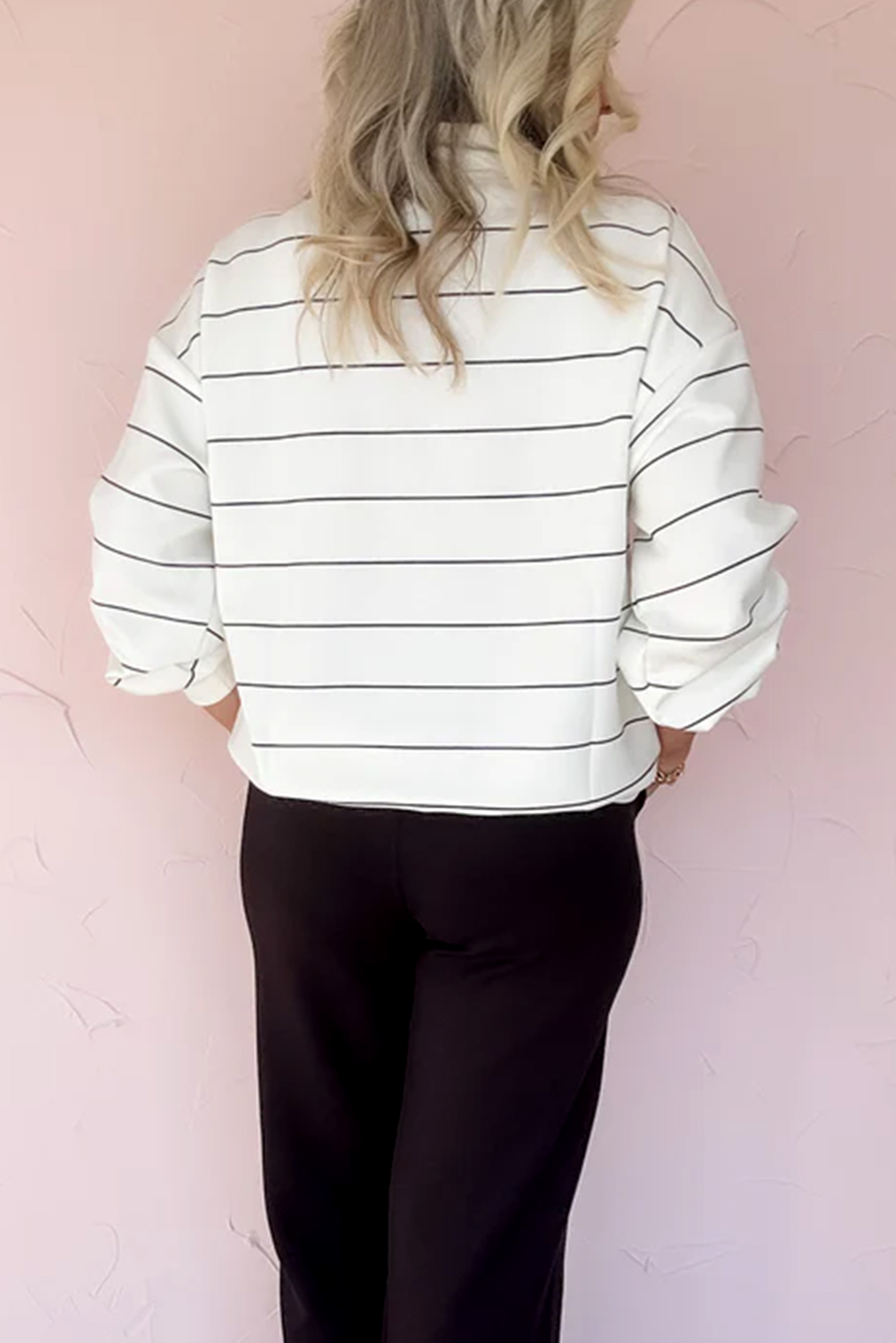 Trendy White Striped Long Sleeve Top with Zip V Neck and Drop Shoulder Design - Detail View 2 Trendy White Striped Long Sleeve Top with Zip V Neck and Drop Shoulder Design - Detail View 2