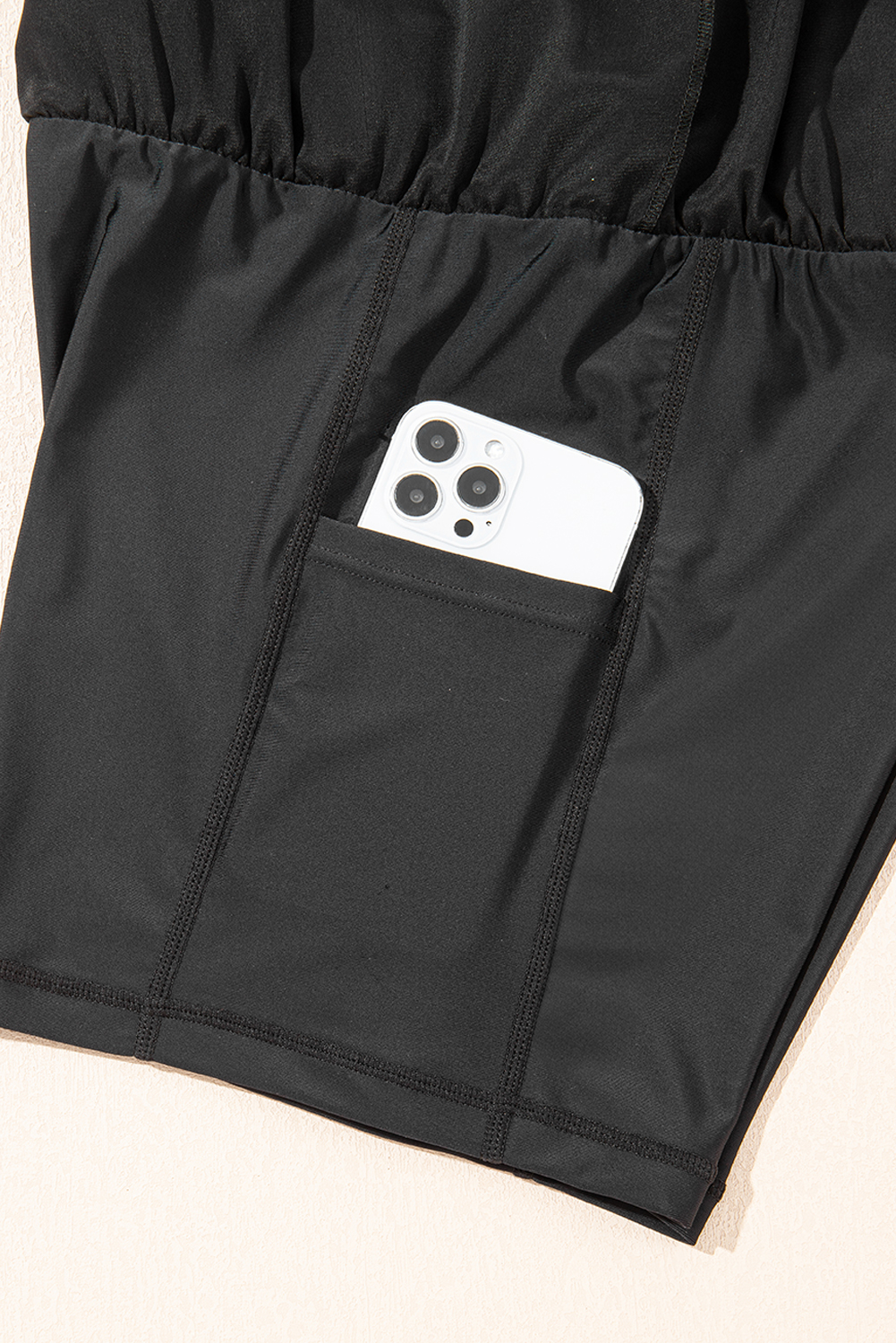 Women's Black High Waisted Drawstring 2-in-1 Color Block Bikini Shorts with Side Pocket - Detail View 21 Women's Black High Waisted Drawstring 2-in-1 Color Block Bikini Shorts with Side Pocket - Detail View 21