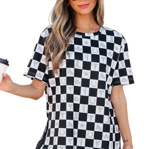 Women's Black Western Fashion Checkerboard Print Side Split T-Shirt - Main View