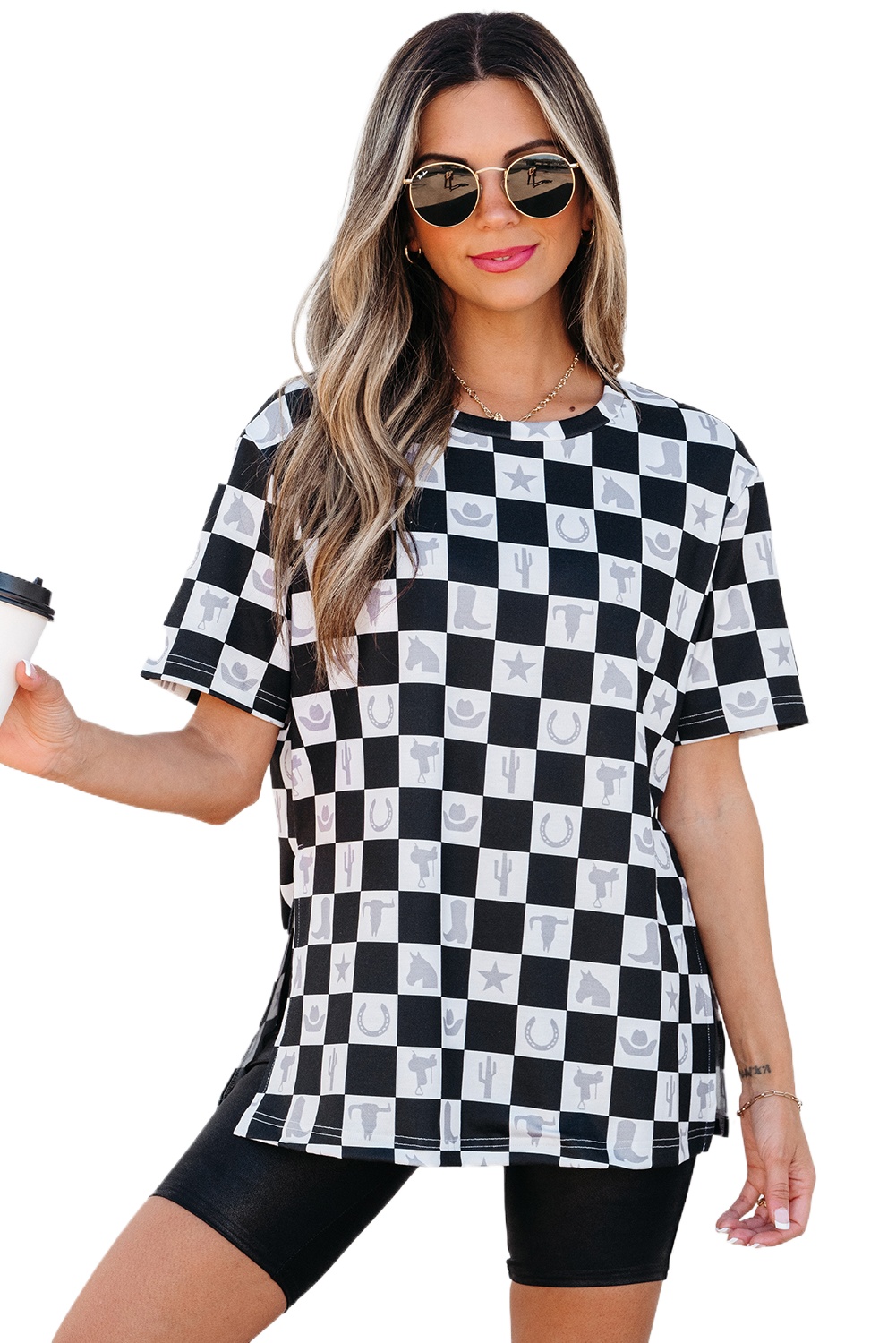 Women's Black Western Fashion Checkerboard Print Side Split T-Shirt - Main View Women's Black Western Fashion Checkerboard Print Side Split T-Shirt - Main View
