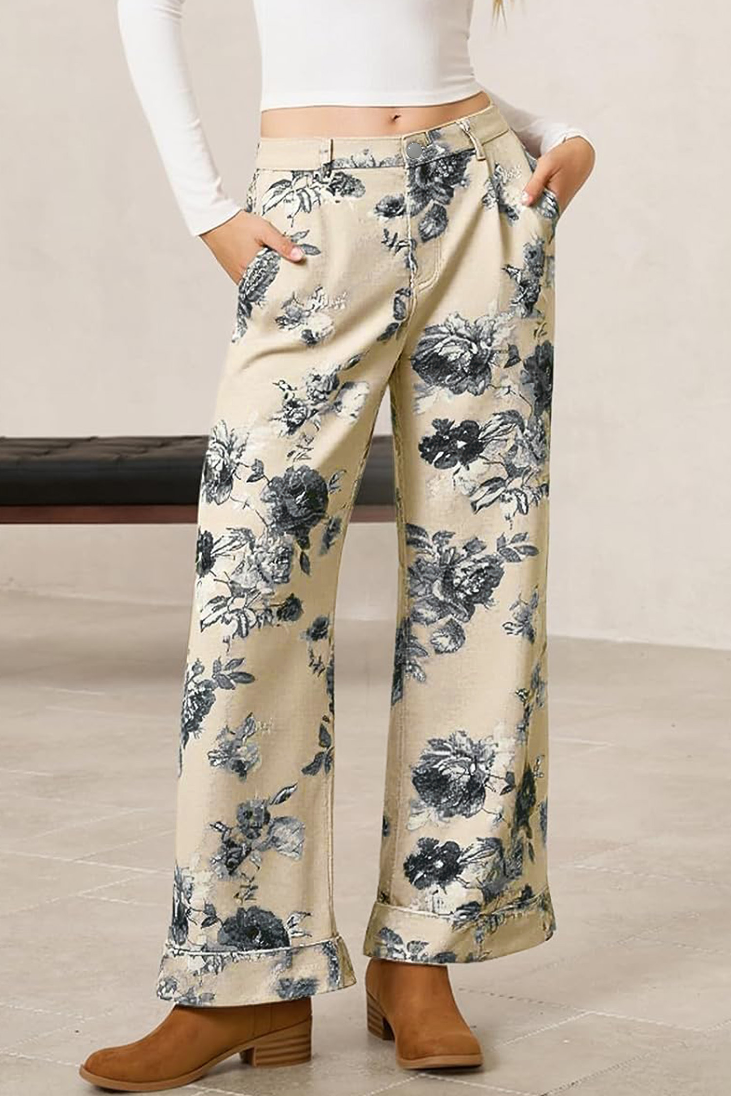 Southern Belle Vintage Floral Denim for Women - High Waist Loose Jeans with Cuffed Hem - Detail View 5 Southern Belle Vintage Floral Denim for Women - High Waist Loose Jeans with Cuffed Hem - Detail View 5