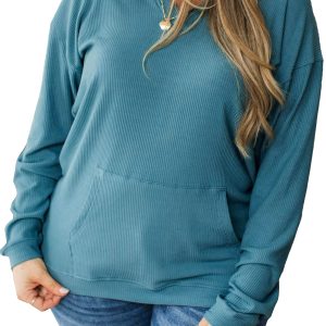 Women's Ribbed Hooded Blouse, Long Sleeve Casual Pullover - Main View