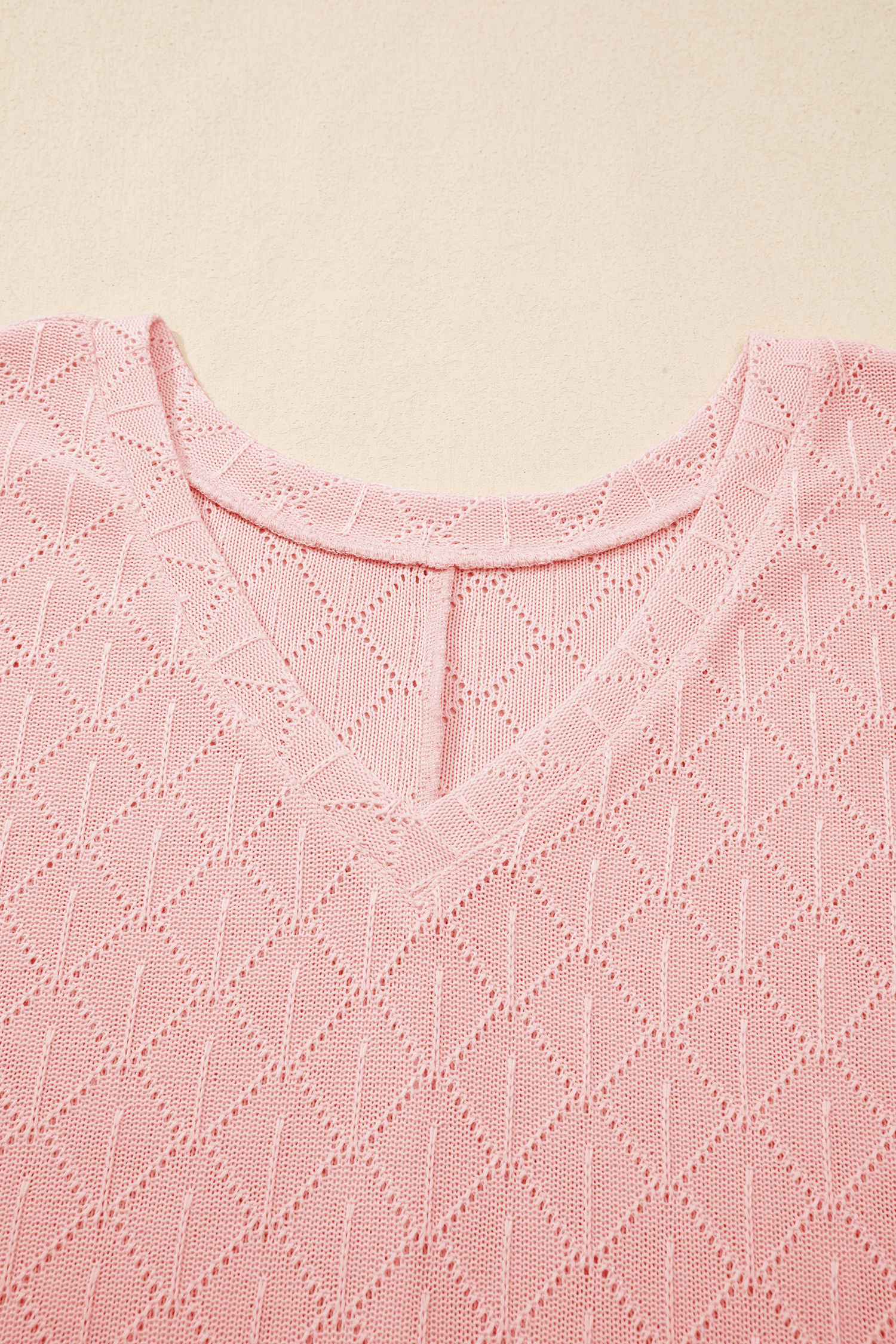 Light Pink Pointelle Rhombus Knit Plus Size V Neck Top – Casual Summer Style for Women - Detail View 7 Light Pink Pointelle Rhombus Knit Plus Size V Neck Top – Casual Summer Style for Women - Detail View 7