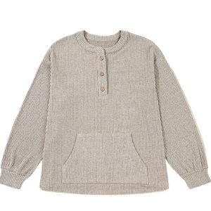 Simply Taupe Plus Size Long Sleeve Henley Top with Kangaroo Pocket – Casual Daily Wear - Main View