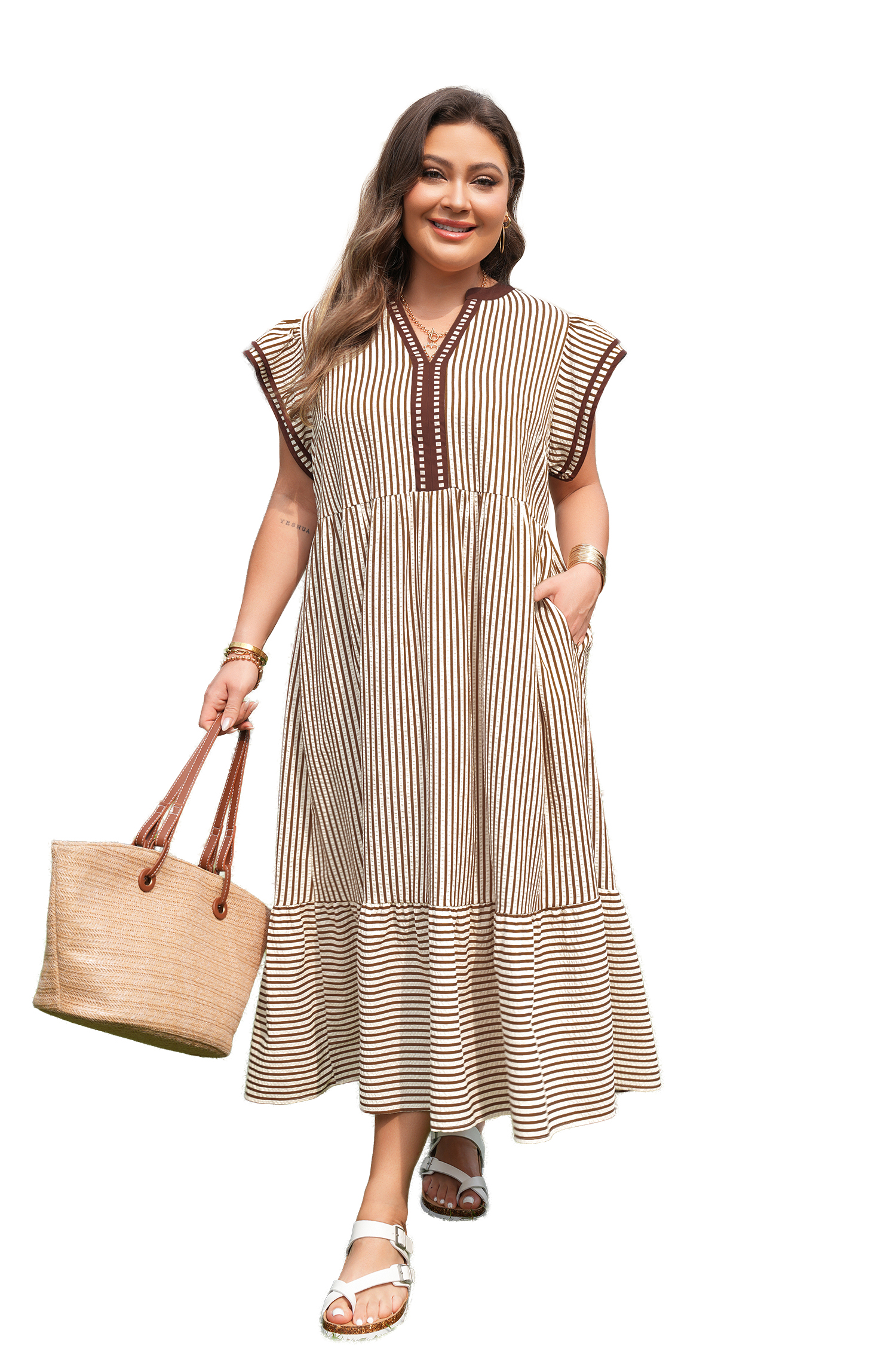 Southern Belle Style Maxi Dress – Plus Size Striped V Neck Dress with Flutter Sleeves for Summer - Detail View 18 Southern Belle Style Maxi Dress – Plus Size Striped V Neck Dress with Flutter Sleeves for Summer - Detail View 18