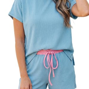 Women's Mist Blue Ribbed Short Set – Casual Color Block Two-Piece Outfit for Daily Wear - Main View