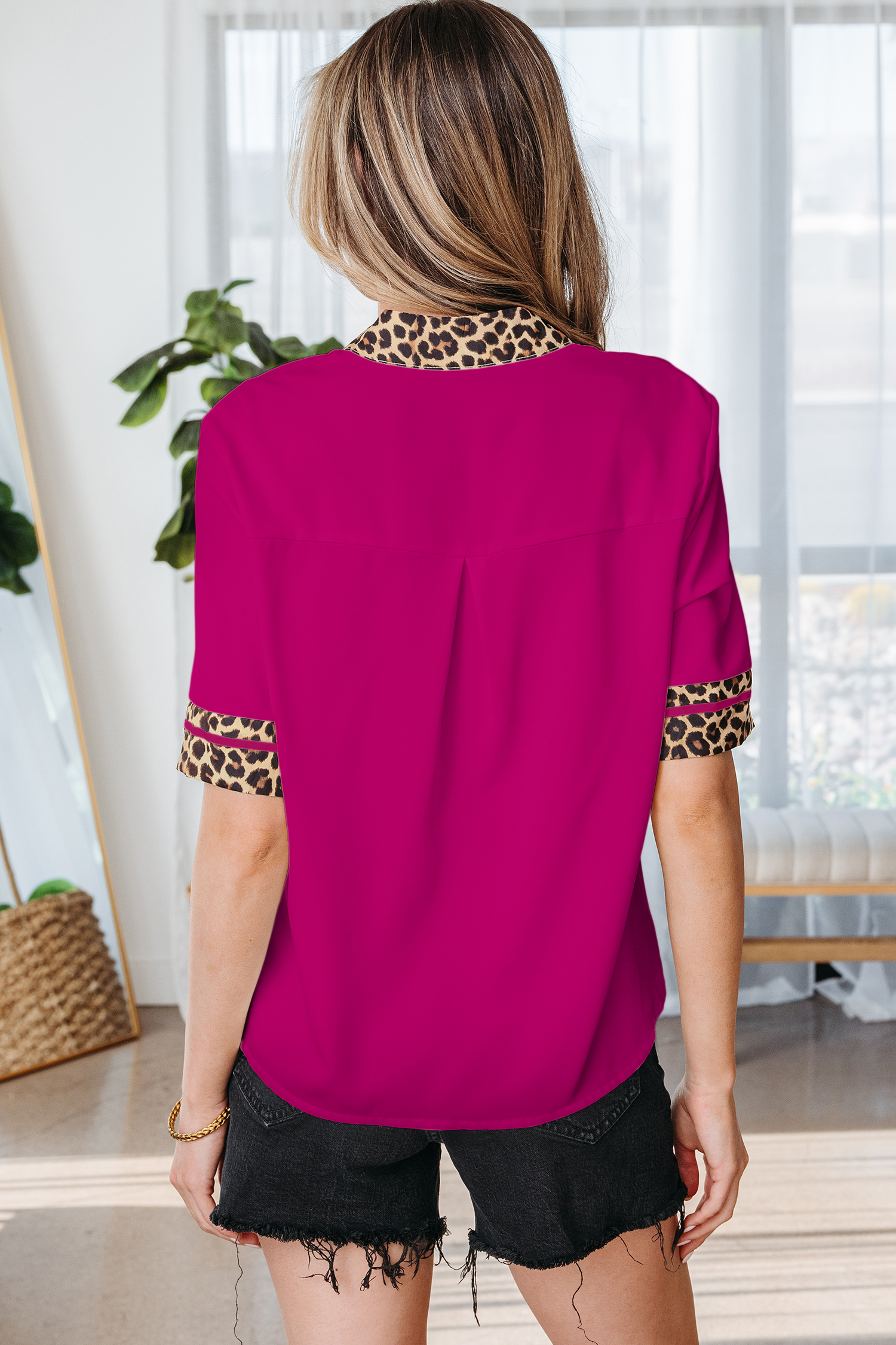 Casual Violet Leopard Trim Blouse for Women – Modern Split Neck Short Sleeve Shift Top for Summer Outfits - Detail View 2 Casual Violet Leopard Trim Blouse for Women – Modern Split Neck Short Sleeve Shift Top for Summer Outfits - Detail View 2
