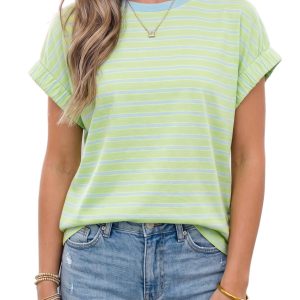 Women's Green Striped T-Shirt – Casual Short Sleeve Tee - Main View