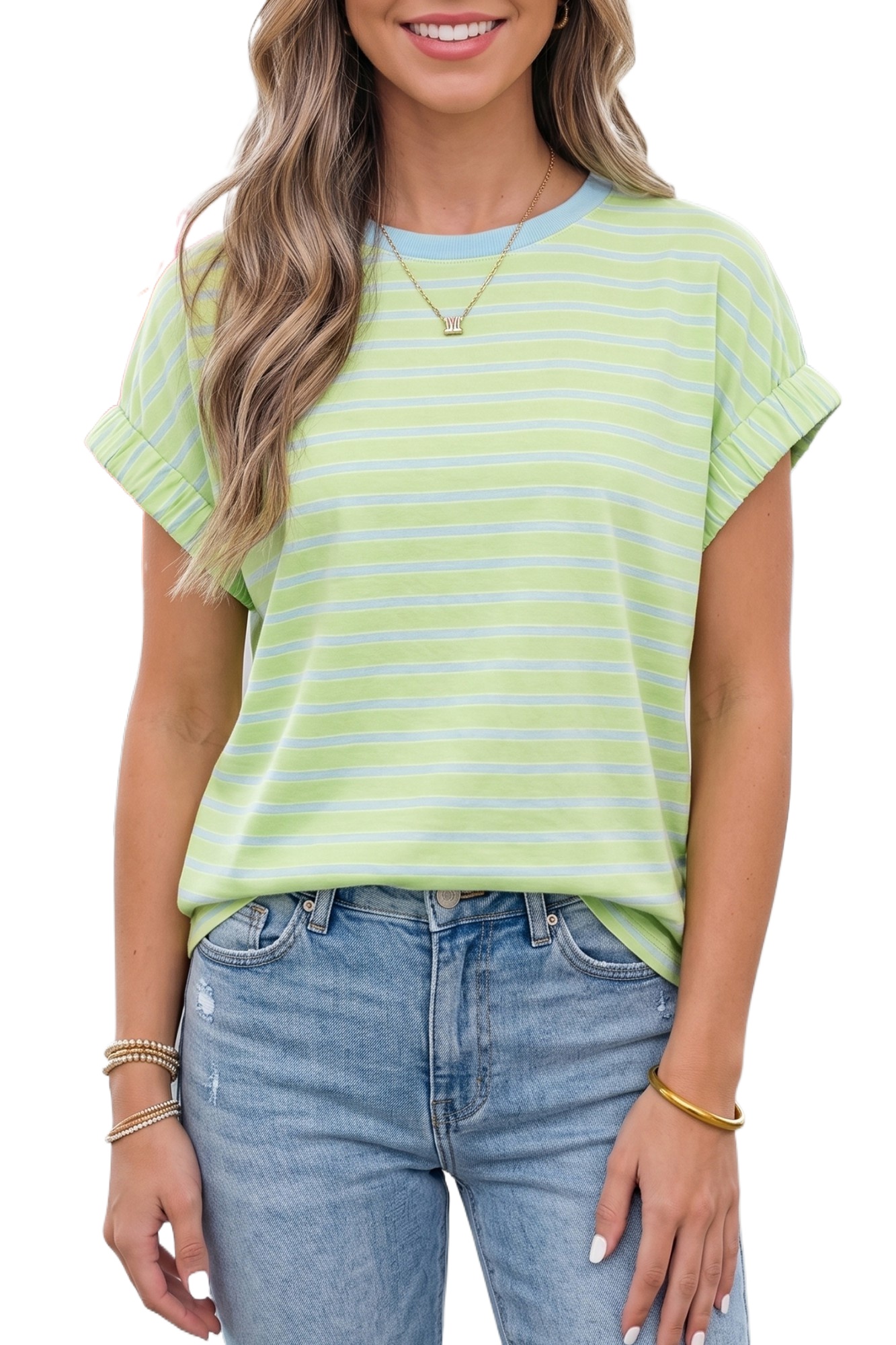 Women's Green Striped T-Shirt – Casual Short Sleeve Tee - Main View Women's Green Striped T-Shirt – Casual Short Sleeve Tee - Main View