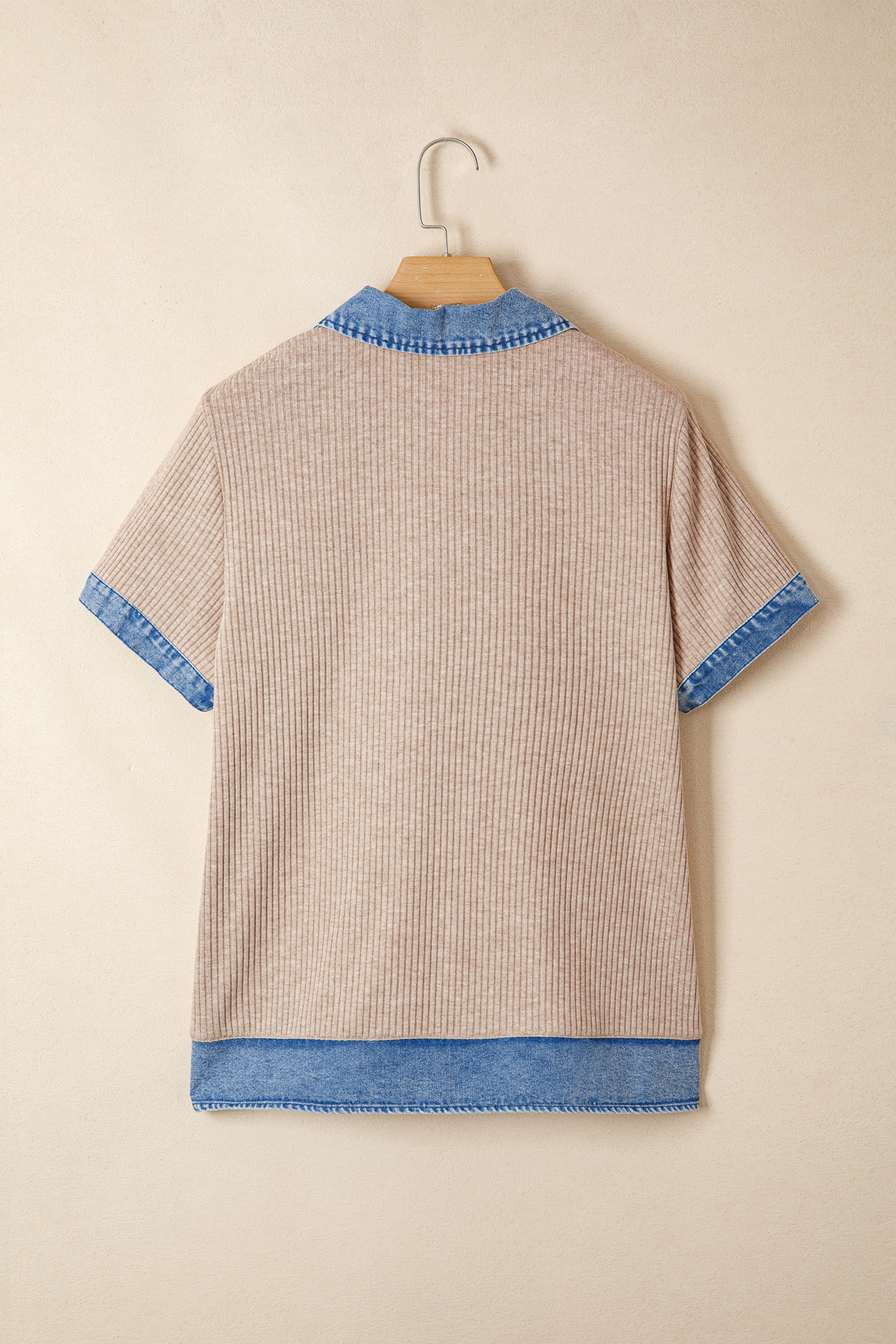 Western Style Women's Summer Blouse – Beige Ribbed Knit Denim Patchwork Short Sleeve V-Neck Top - Detail View 5 Western Style Women's Summer Blouse – Beige Ribbed Knit Denim Patchwork Short Sleeve V-Neck Top - Detail View 5