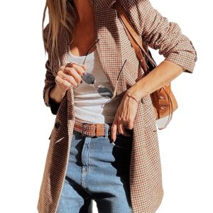 Elegant Brown Houndstooth Lapel Collar Blazer for Women - Main View