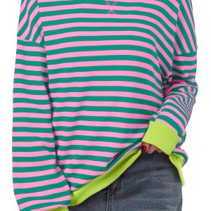 Women's Rose Stripe Contrast Ribbed Trim Drop Shoulder Sweatshirt - Casual Long Sleeve - Main View