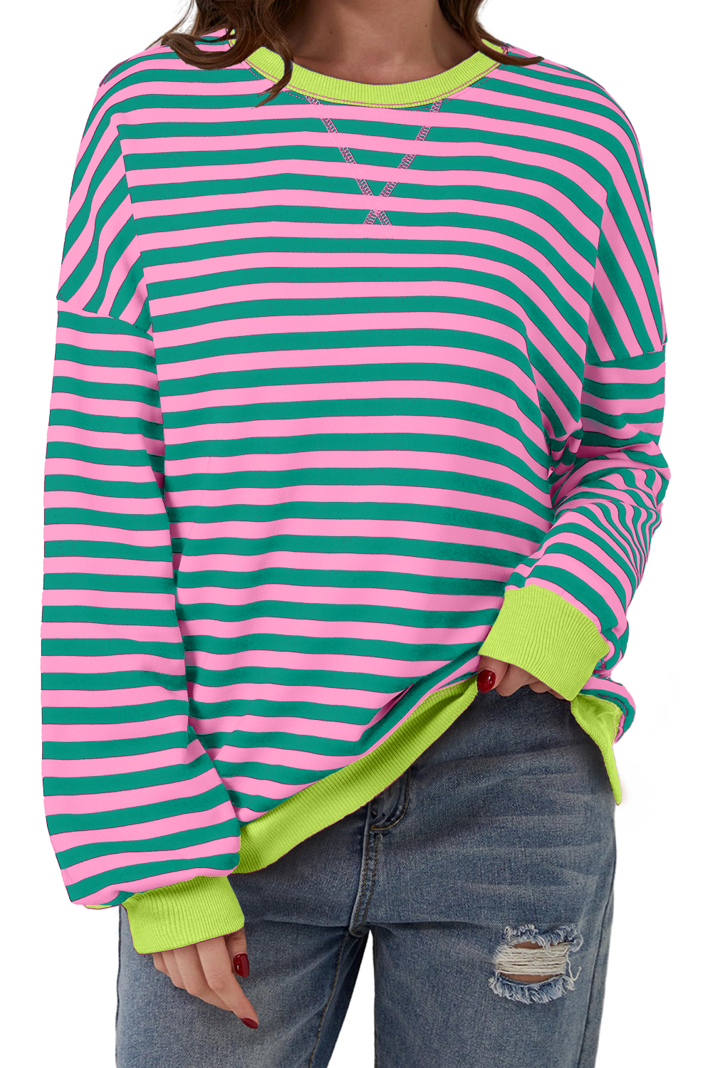 Women's Rose Stripe Contrast Ribbed Trim Drop Shoulder Sweatshirt - Casual Long Sleeve - Main View Women's Rose Stripe Contrast Ribbed Trim Drop Shoulder Sweatshirt - Casual Long Sleeve - Main View