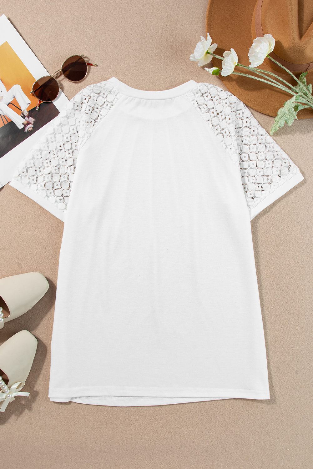 Stylish White Contrast Lace Raglan Tee for Women – Perfect for Daily Outings & Relaxed Looks - Detail View 14 Stylish White Contrast Lace Raglan Tee for Women – Perfect for Daily Outings & Relaxed Looks - Detail View 14