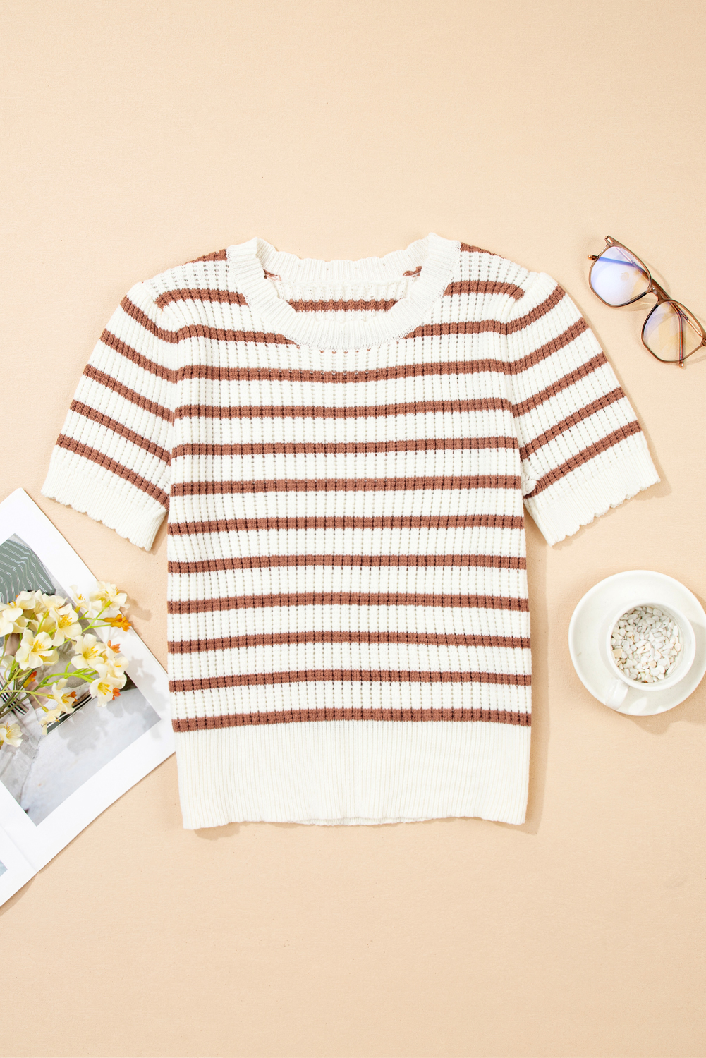 Flattering Fit Khaki Stripe Sweater - Perfect for Warm Weather Outfits - Detail View 3 Flattering Fit Khaki Stripe Sweater - Perfect for Warm Weather Outfits - Detail View 3