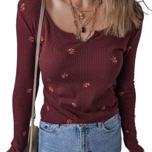 Women's Burgundy Floral Print Ribbed Long Sleeve Top with Notched Neck - Main View