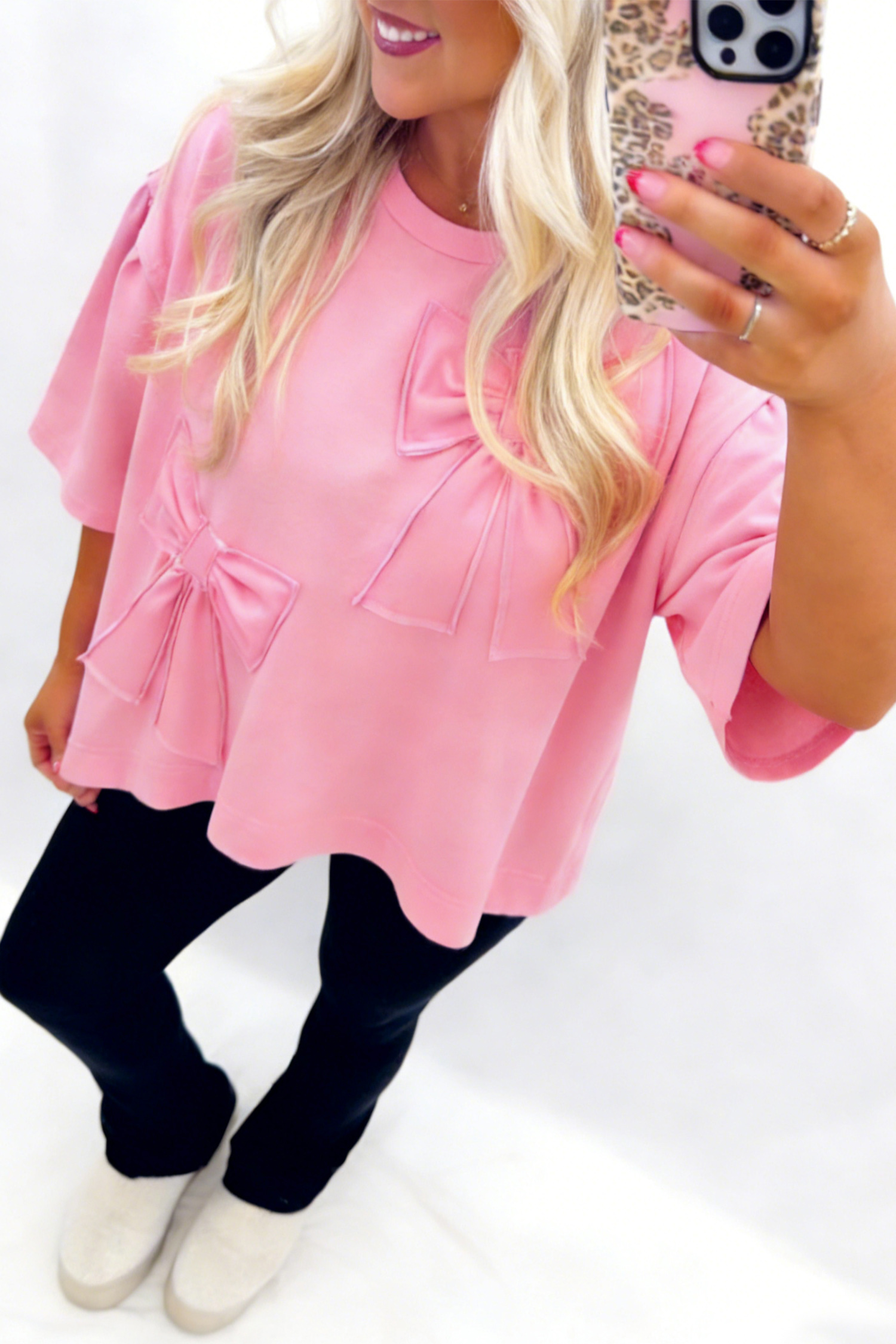 Women's Casual Summer Shift Top – Pink Round Neck Shirt with Bow Details - Detail View 3 Women's Casual Summer Shift Top – Pink Round Neck Shirt with Bow Details - Detail View 3