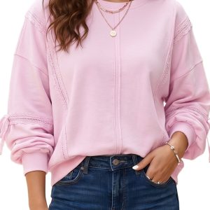 Women's Pink Sweatshirt, Casual Long Sleeve Lace Detail Top - Main View