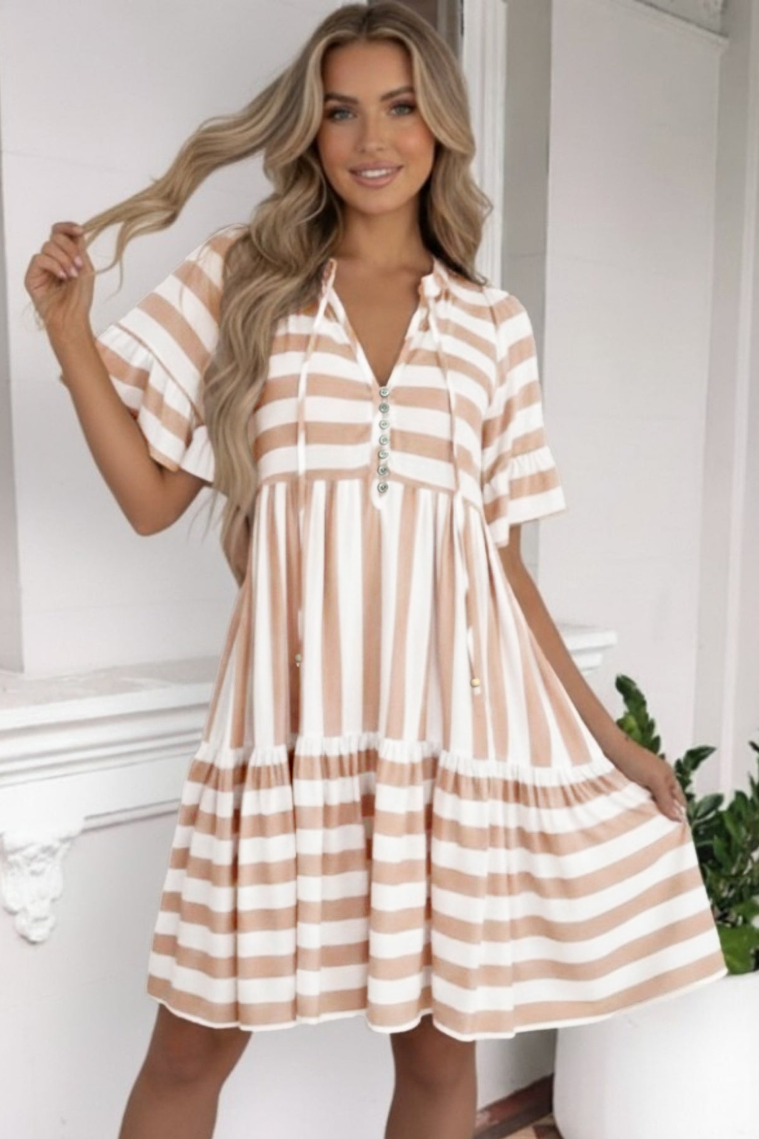Chic Women's Khaki Stripe A-Line Dress – Ruffle Trim Half Sleeve Casual Summer Outfit - Detail View 9 Chic Women's Khaki Stripe A-Line Dress – Ruffle Trim Half Sleeve Casual Summer Outfit - Detail View 9