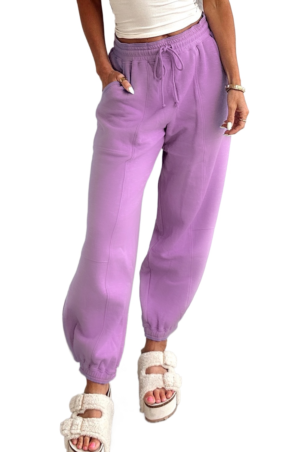 Women's Lilac Drawstring Waist Patchwork Jogger Pants - Stylish Casual Wear - Main View Women's Lilac Drawstring Waist Patchwork Jogger Pants - Stylish Casual Wear - Main View