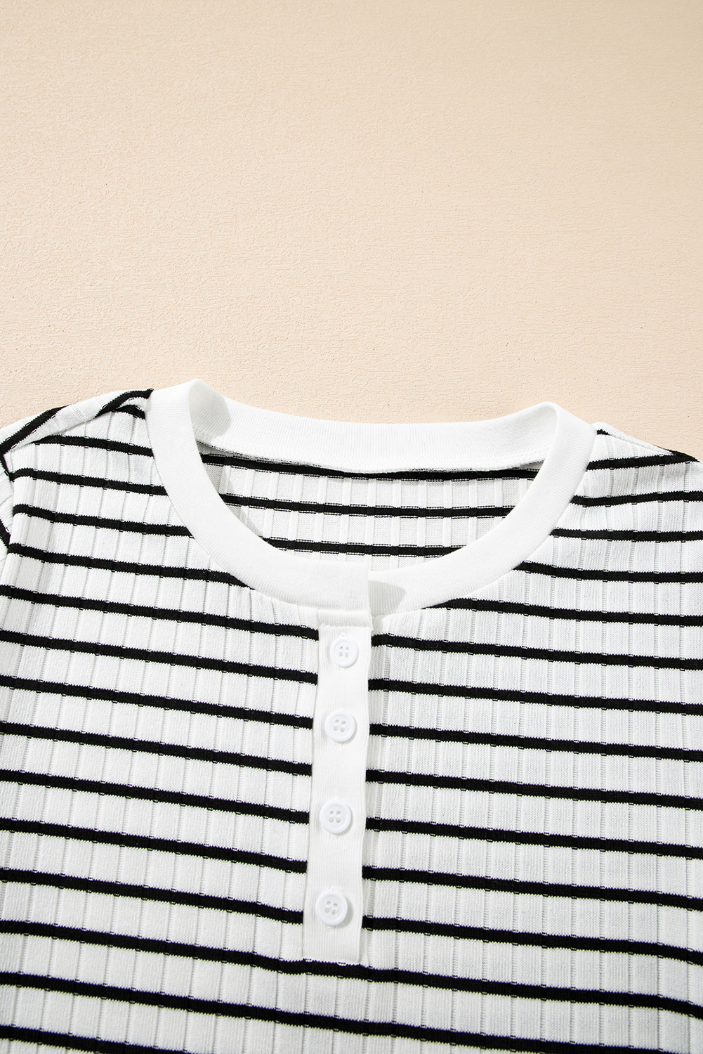 Women's Top, White Stripe, Textured, Short Sleeve, Buttoned Henley, Casual Style, Summer Fashion, Comfortable Fit, Breezy Design, Timeless Silhouette, Crew Neck, Everyday Wear, Tops & Tees - Detail View 12 Women's Top, White Stripe, Textured, Short Sleeve, Buttoned Henley, Casual Style, Summer Fashion, Comfortable Fit, Breezy Design, Timeless Silhouette, Crew Neck, Everyday Wear, Tops & Tees - Detail View 12