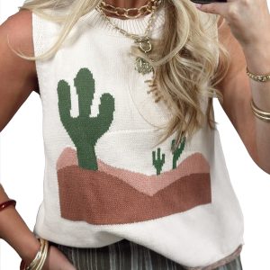 Women's Multicolour Cactus Sweater Vest – Western Sleeveless Round Neck Summer Knit Top for Daily Wear - Main View