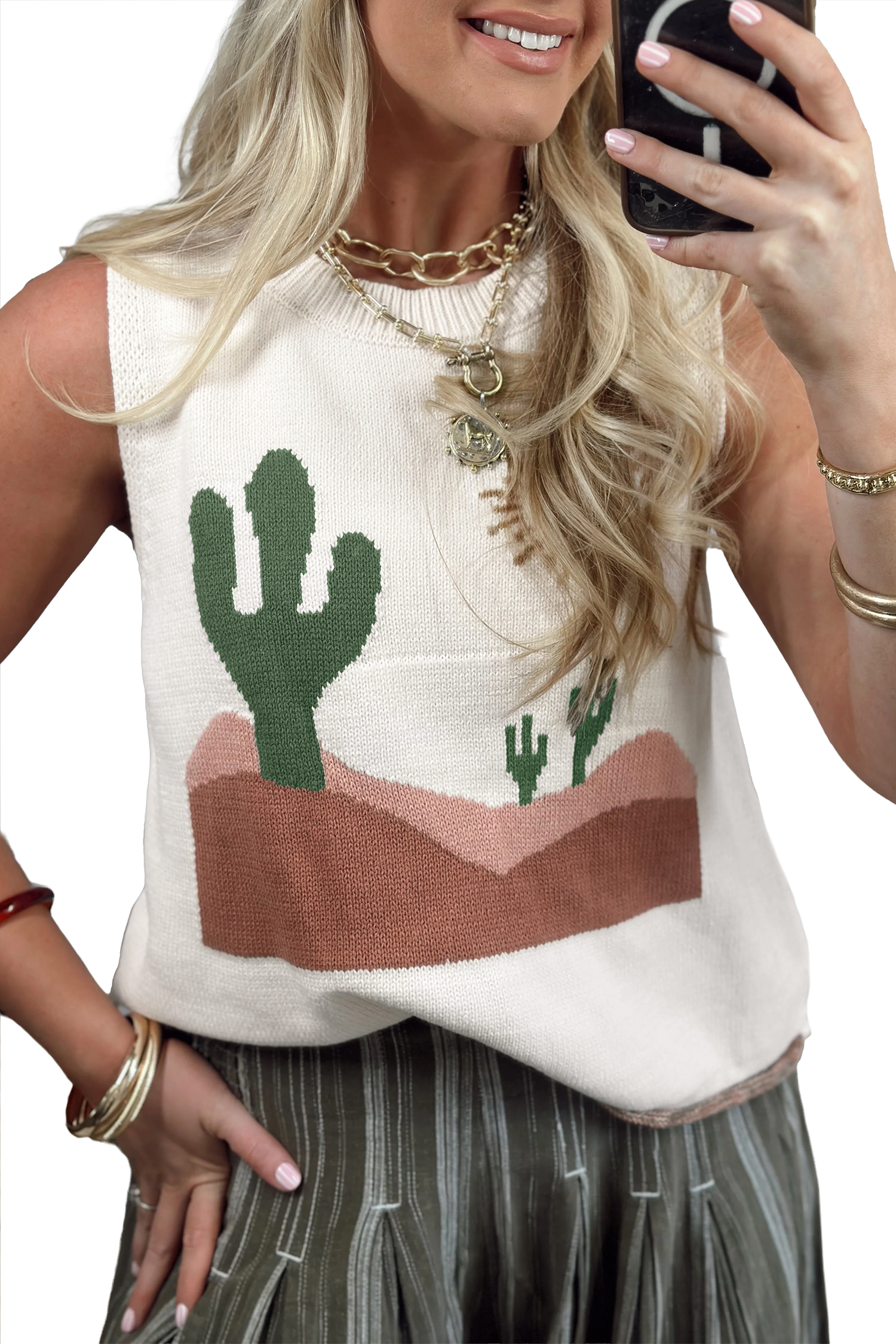 Women's Multicolour Cactus Sweater Vest – Western Sleeveless Round Neck Summer Knit Top for Daily Wear - Main View Women's Multicolour Cactus Sweater Vest – Western Sleeveless Round Neck Summer Knit Top for Daily Wear - Main View