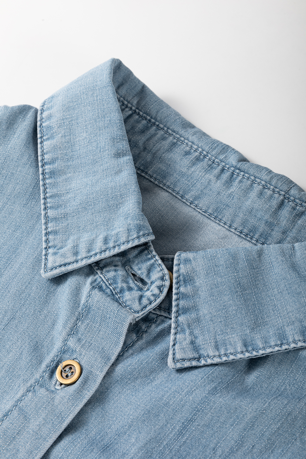 Women's Dusk Blue Folded Short Sleeve Denim Shirt with Patched Pocket - Detail View 9 Women's Dusk Blue Folded Short Sleeve Denim Shirt with Patched Pocket - Detail View 9