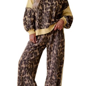 Women's Leopard Print Pant Set, Casual V Neck Lounge Wear - Main View