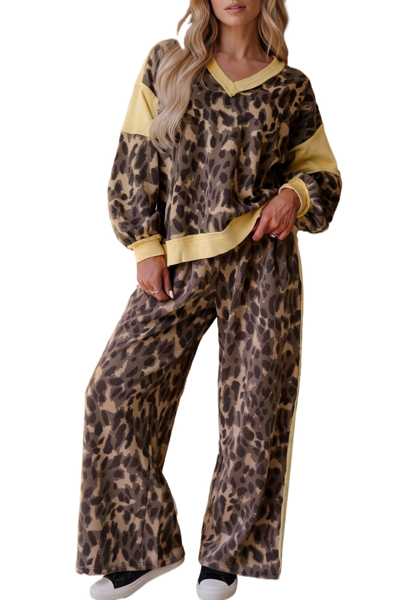 Women's Leopard Print Pant Set, Casual V Neck Lounge Wear - Main View Women's Leopard Print Pant Set, Casual V Neck Lounge Wear - Main View