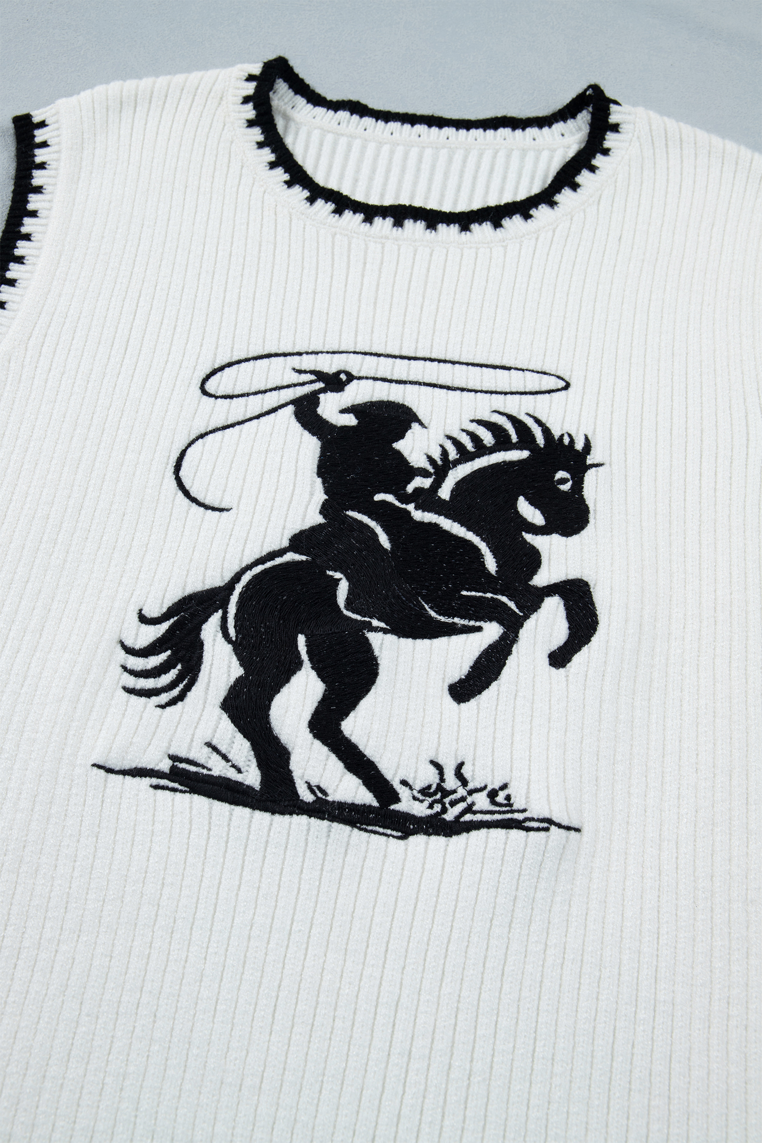 Women's Western Cowboy Sweater Vest – White Sleeveless Round Neck with Contrast Trim - Detail View 7 Women's Western Cowboy Sweater Vest – White Sleeveless Round Neck with Contrast Trim - Detail View 7