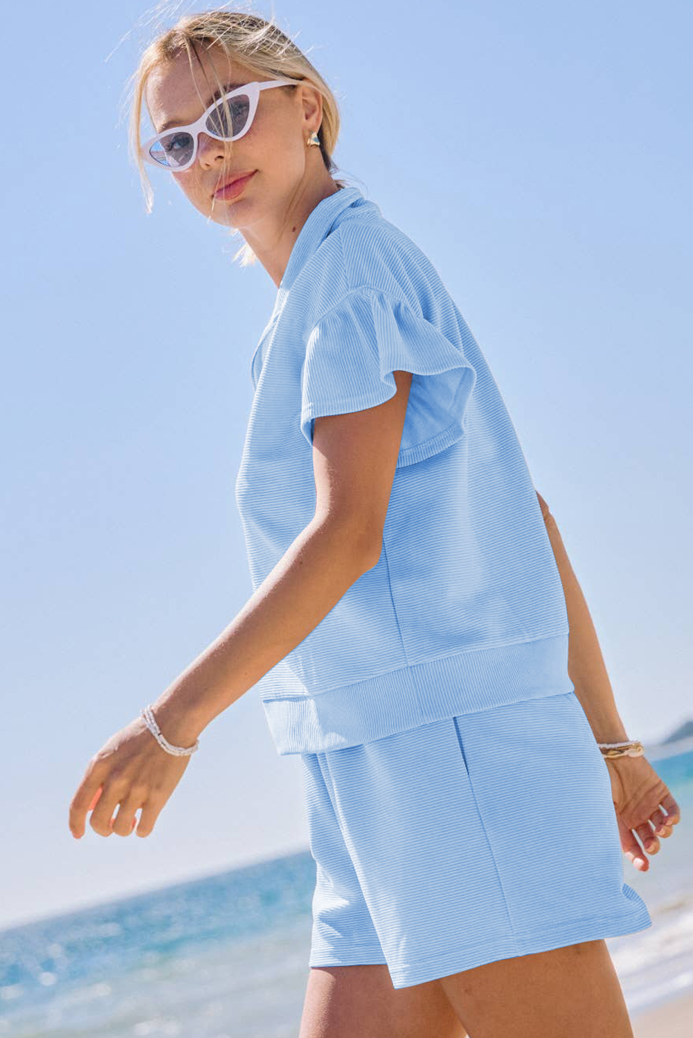 Stylish Summer Outfit for Women - Beau Blue Ruffled Sleeve Top and High Waist Shorts Set - Detail View 3 Stylish Summer Outfit for Women - Beau Blue Ruffled Sleeve Top and High Waist Shorts Set - Detail View 3