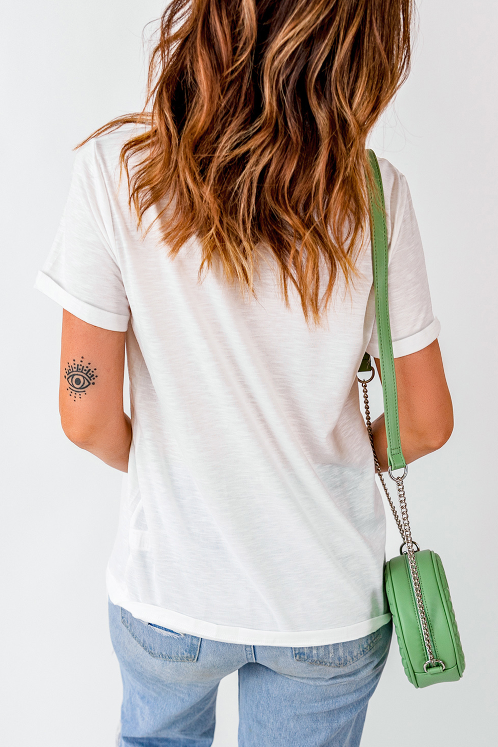Charming White Crewneck T-Shirt with Heart Pattern and LOVE Patch - Detail View 6 Charming White Crewneck T-Shirt with Heart Pattern and LOVE Patch - Detail View 6