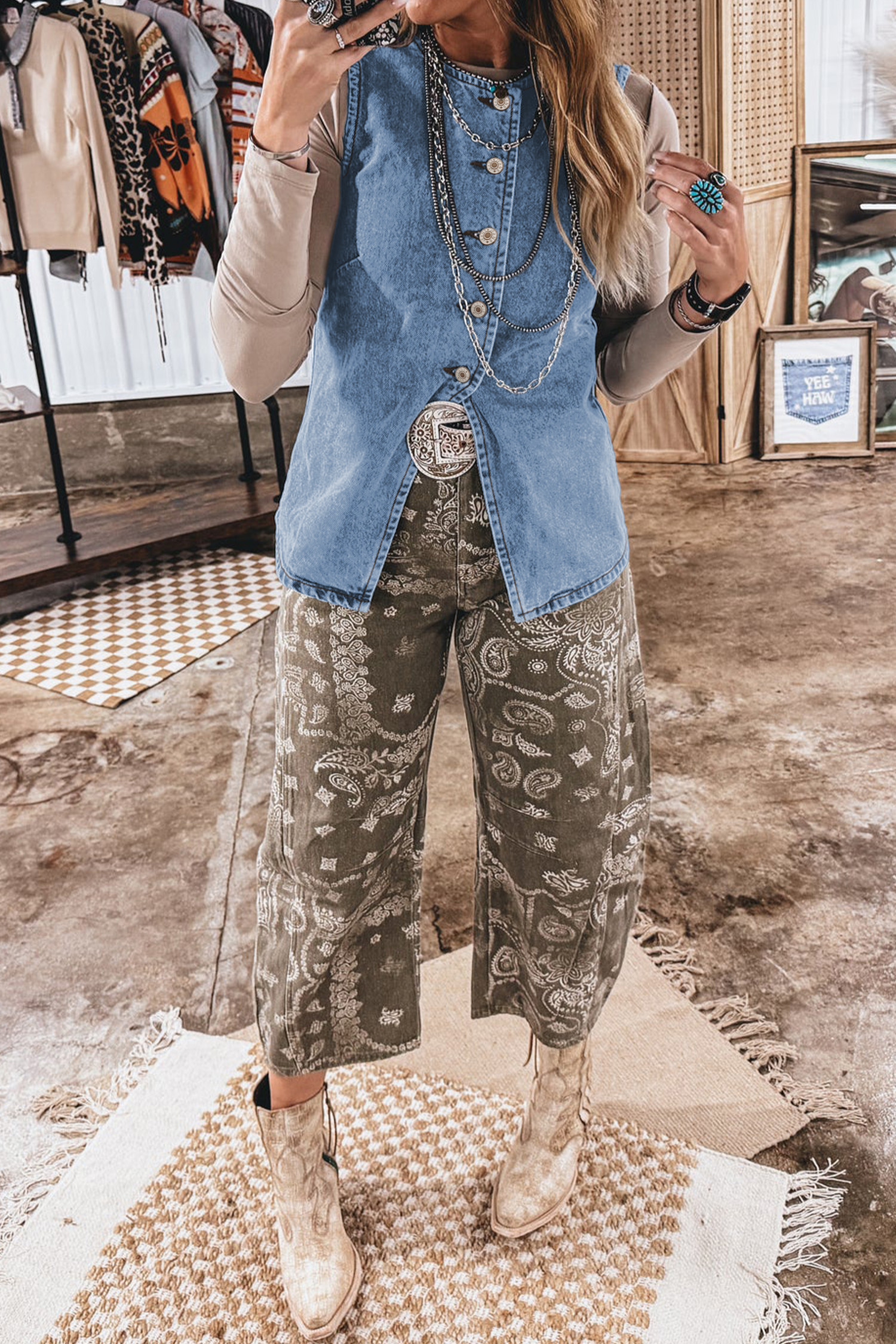 Stylish Denim Vest – Button Front Slit Waistcoat for Women, Versatile Four Season Layering - Detail View 3 Stylish Denim Vest – Button Front Slit Waistcoat for Women, Versatile Four Season Layering - Detail View 3
