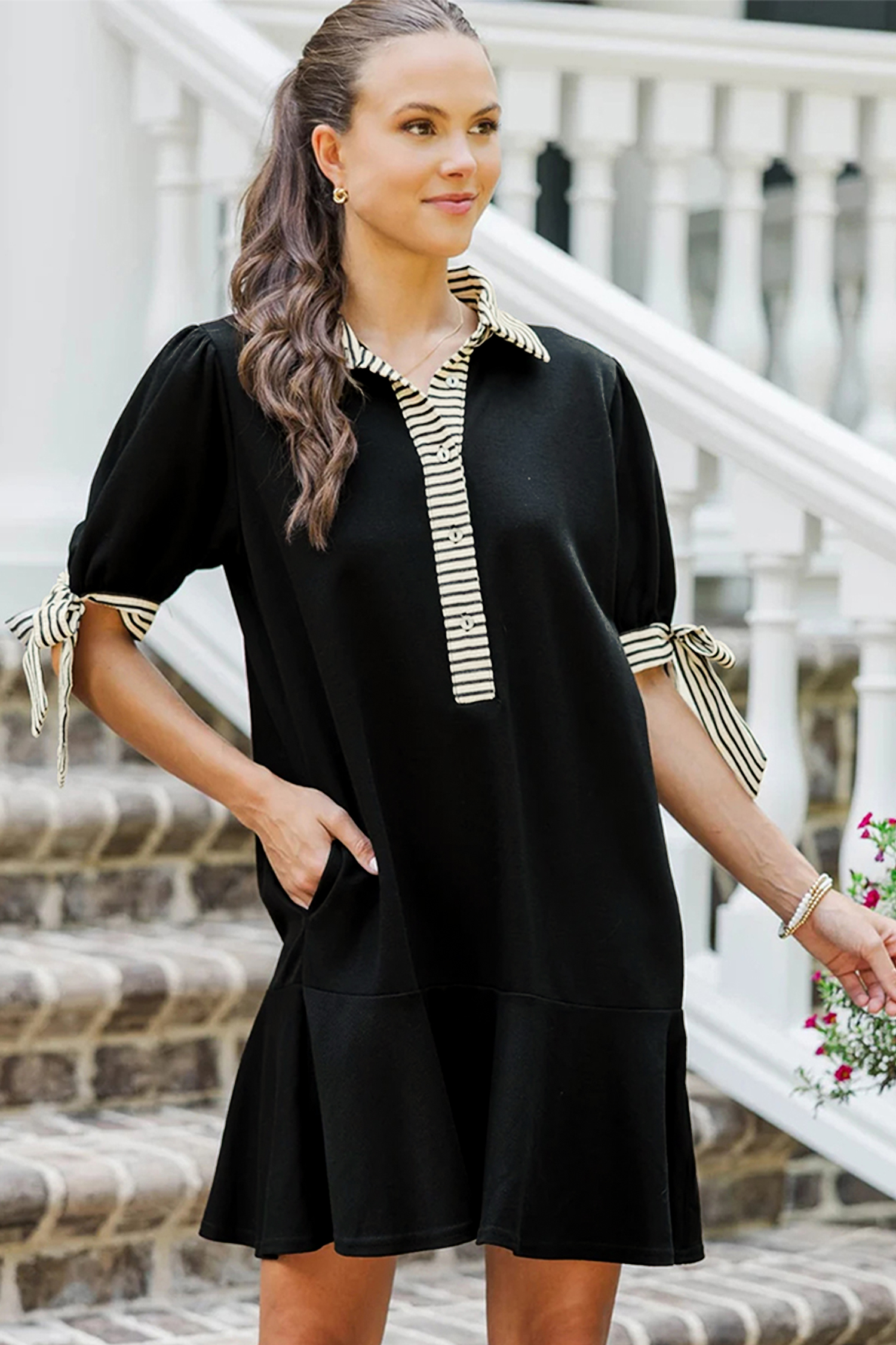 Stylish Black Stripe Detail Shift Dress – Short Sleeve Casual Dress for Southern Belle Vibes - Detail View 3 Stylish Black Stripe Detail Shift Dress – Short Sleeve Casual Dress for Southern Belle Vibes - Detail View 3