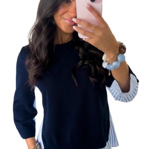 Women's Striped Layered Sweater, Navy Blue Casual Pullover - Main View