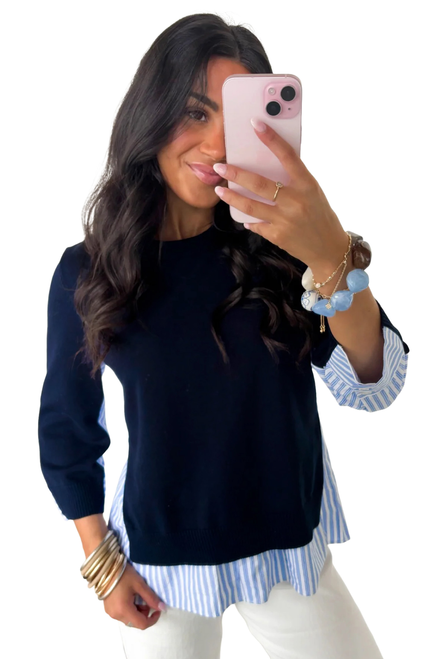 Women's Striped Layered Sweater, Navy Blue Casual Pullover - Main View Women's Striped Layered Sweater, Navy Blue Casual Pullover - Main View