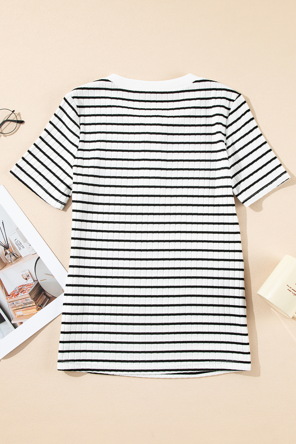 Modern White Stripe Casual Top with Buttoned Neckline - Perfect for Daily Wear - Detail View 11 Modern White Stripe Casual Top with Buttoned Neckline - Perfect for Daily Wear - Detail View 11