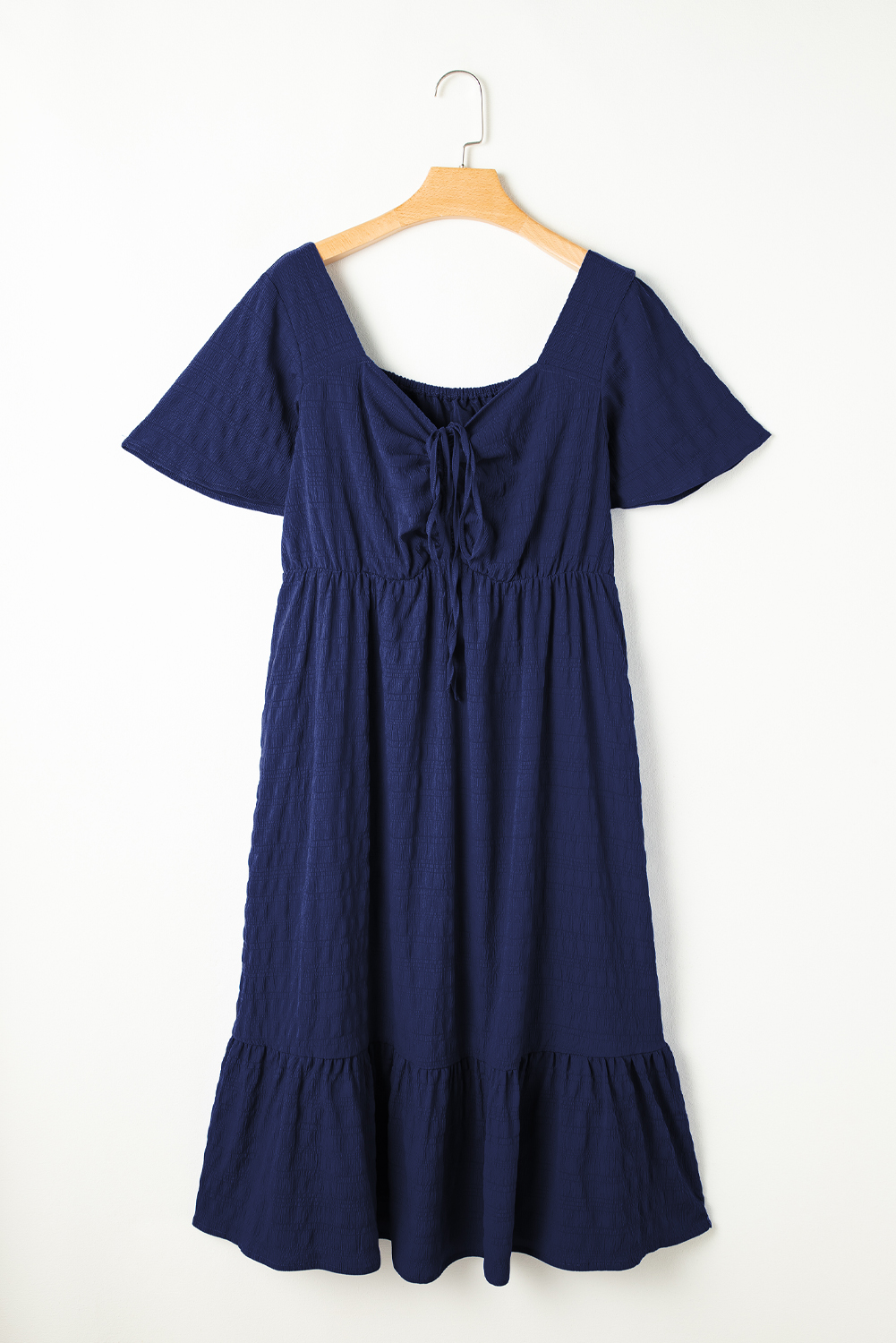 Chic Blue Short Sleeve Midi Dress for Women – High Waist Design with Pockets, Ideal for Daily Wear - Detail View 5 Chic Blue Short Sleeve Midi Dress for Women – High Waist Design with Pockets, Ideal for Daily Wear - Detail View 5