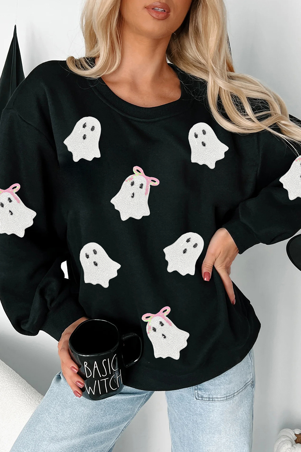 Spooky and Stylish Black Sweatshirt: Sequin Ghost Design for Halloween - Detail View 2 Spooky and Stylish Black Sweatshirt: Sequin Ghost Design for Halloween - Detail View 2
