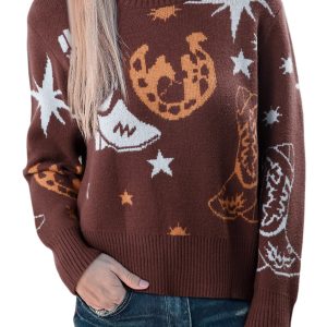 Women's Brown Cowgirl Print Casual Sweater – Long Sleeve Western Style for Daily Wear - Main View
