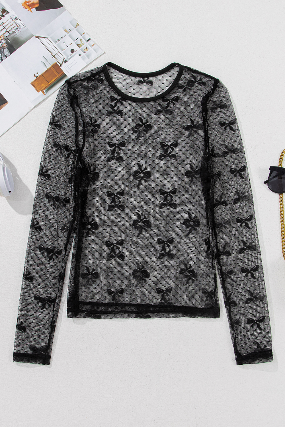 Elegant Black Long Sleeve Top - Delicate Bow Accent and Breathable Mesh - Detail View 6 Elegant Black Long Sleeve Top - Delicate Bow Accent and Breathable Mesh - Detail View 6