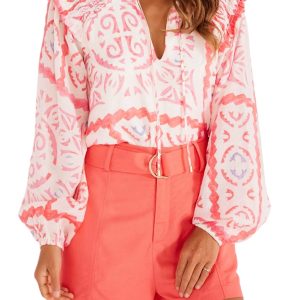 Women's Desert Flower Vintage Print Smocked Poet Collar Blouson Sleeve Blouse - Main View