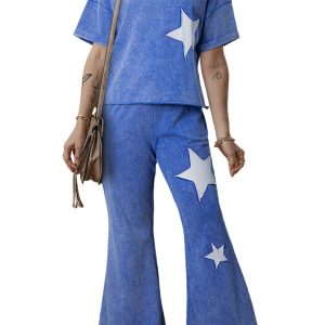 Women's Ashleigh Blue Acid Wash Star Patched Rolled Trim Two-Piece Pants Set - Main View