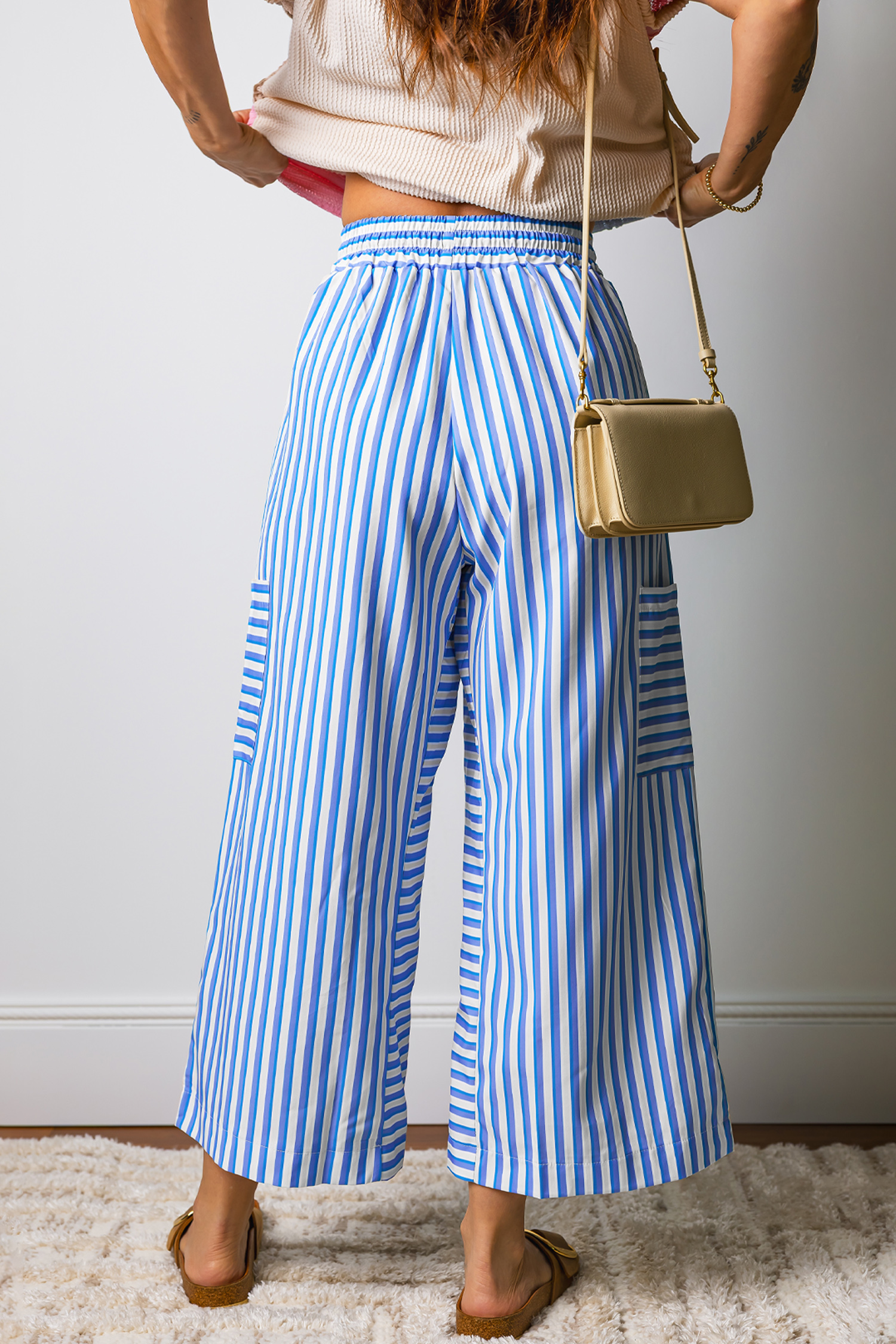 Casual Blue Stripe Wide Leg Pants for Women – Ankle Length Drawstring Trousers for Daily Wear - Detail View 2 Casual Blue Stripe Wide Leg Pants for Women – Ankle Length Drawstring Trousers for Daily Wear - Detail View 2