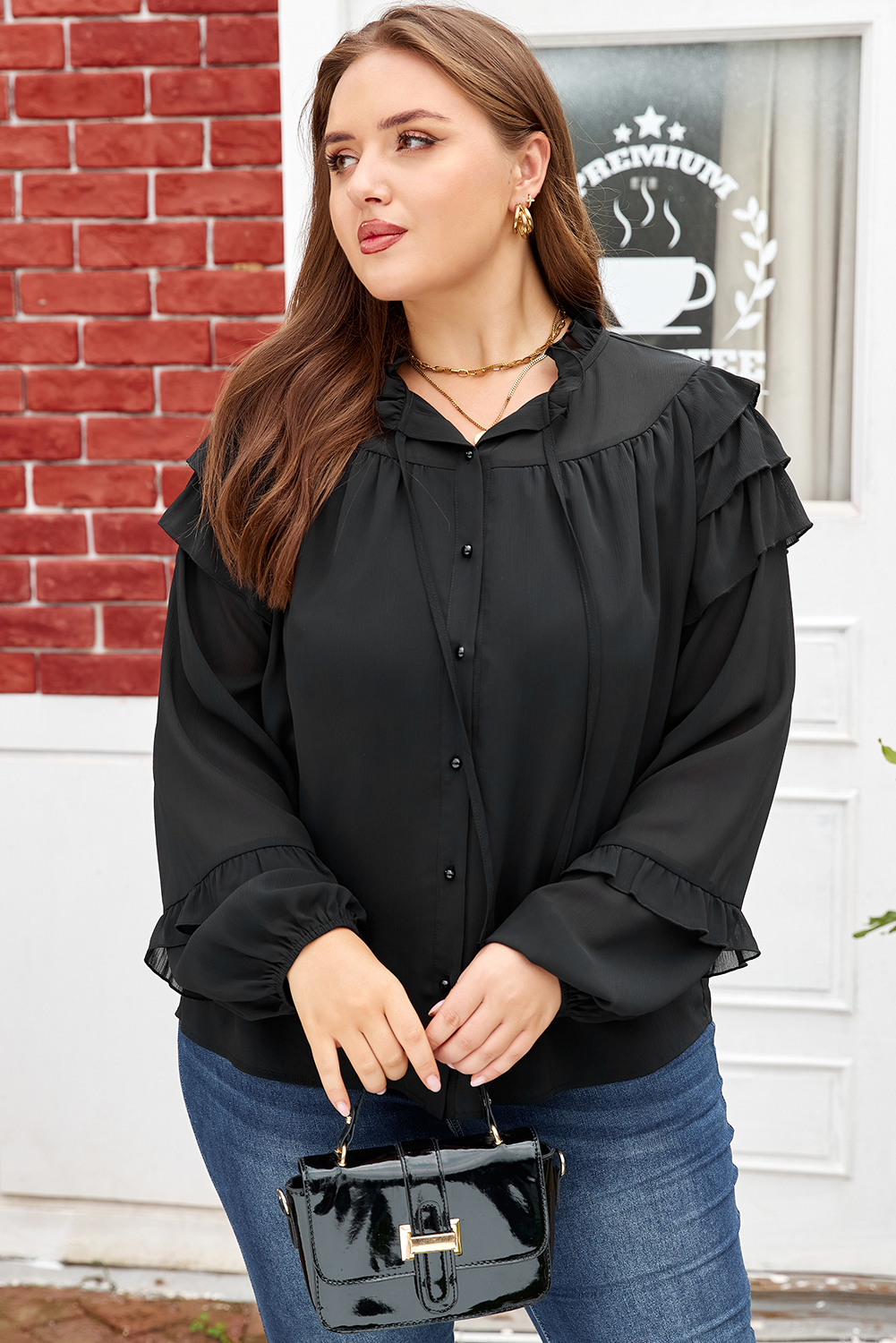 Elegant Black V-Neck Plus Size Blouse for Women – Ruffle Long Sleeve Casual Style - Detail View 5 Elegant Black V-Neck Plus Size Blouse for Women – Ruffle Long Sleeve Casual Style - Detail View 5